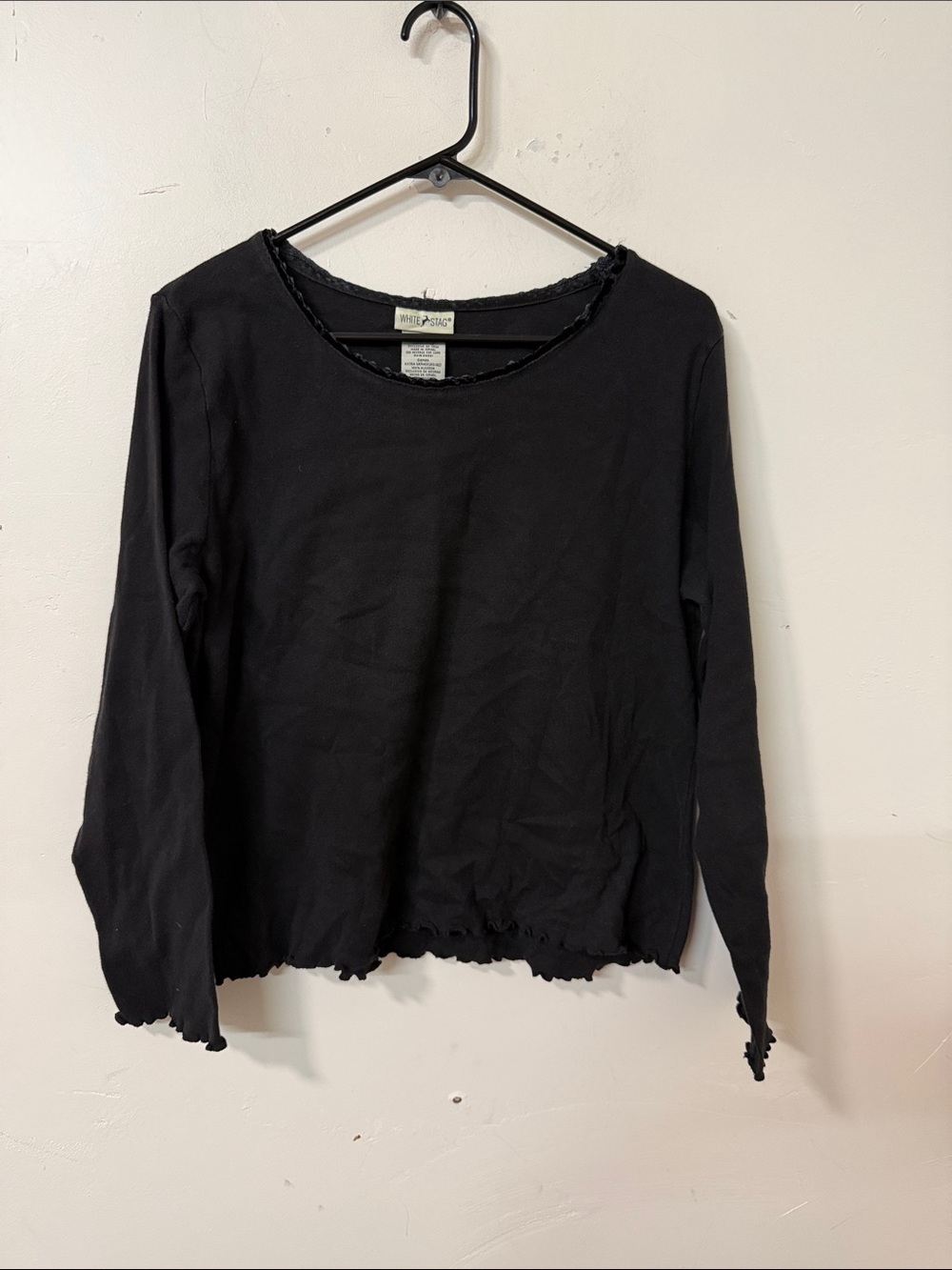 White Stag Black Long-Sleeve Lettuce-Edge Top y2k